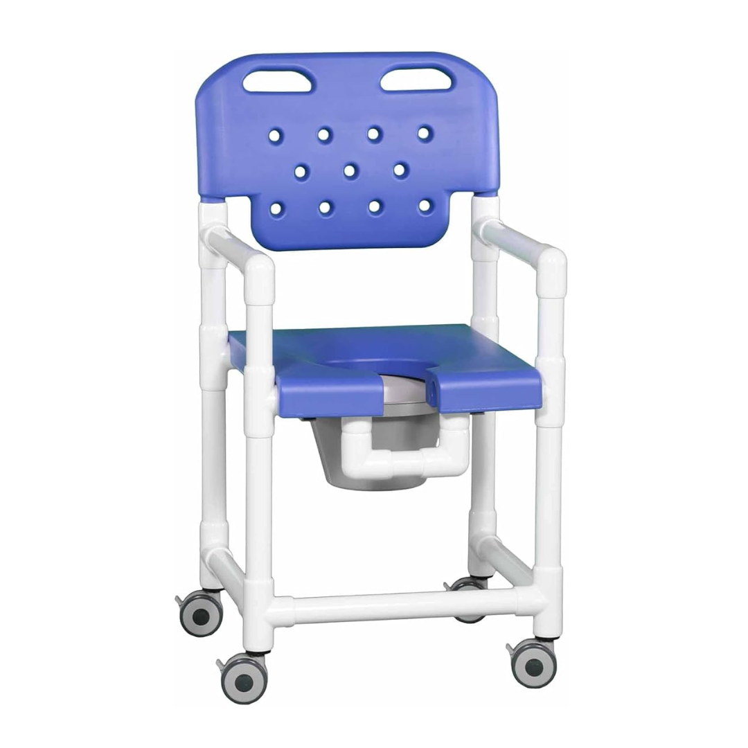 The IPU Elite PVC Rolling Shower Chair Commode features a blue and white design, blow-molded plastic seat, armrests, ventilated backrest, four locking caster wheels, and a removable commode bucket underneath.