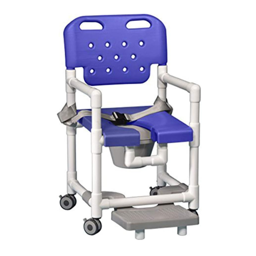 The IPU Elite PVC Rolling Shower Chair Commode w/ Footrests is a blue and white open-front chair with armrests, safety belt, split seat, removable pail, footrest, and four wheels—ideal for safe showering or toileting.