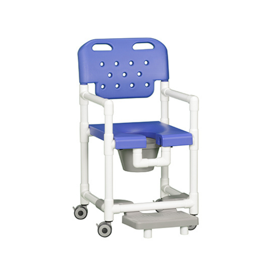 The IPU Elite PVC Rolling Shower Chair Commode w/ Footrests is blue and white, features armrests, an open-front hygiene seat, a removable commode pail, four wheels for mobility, and a gray footrest.