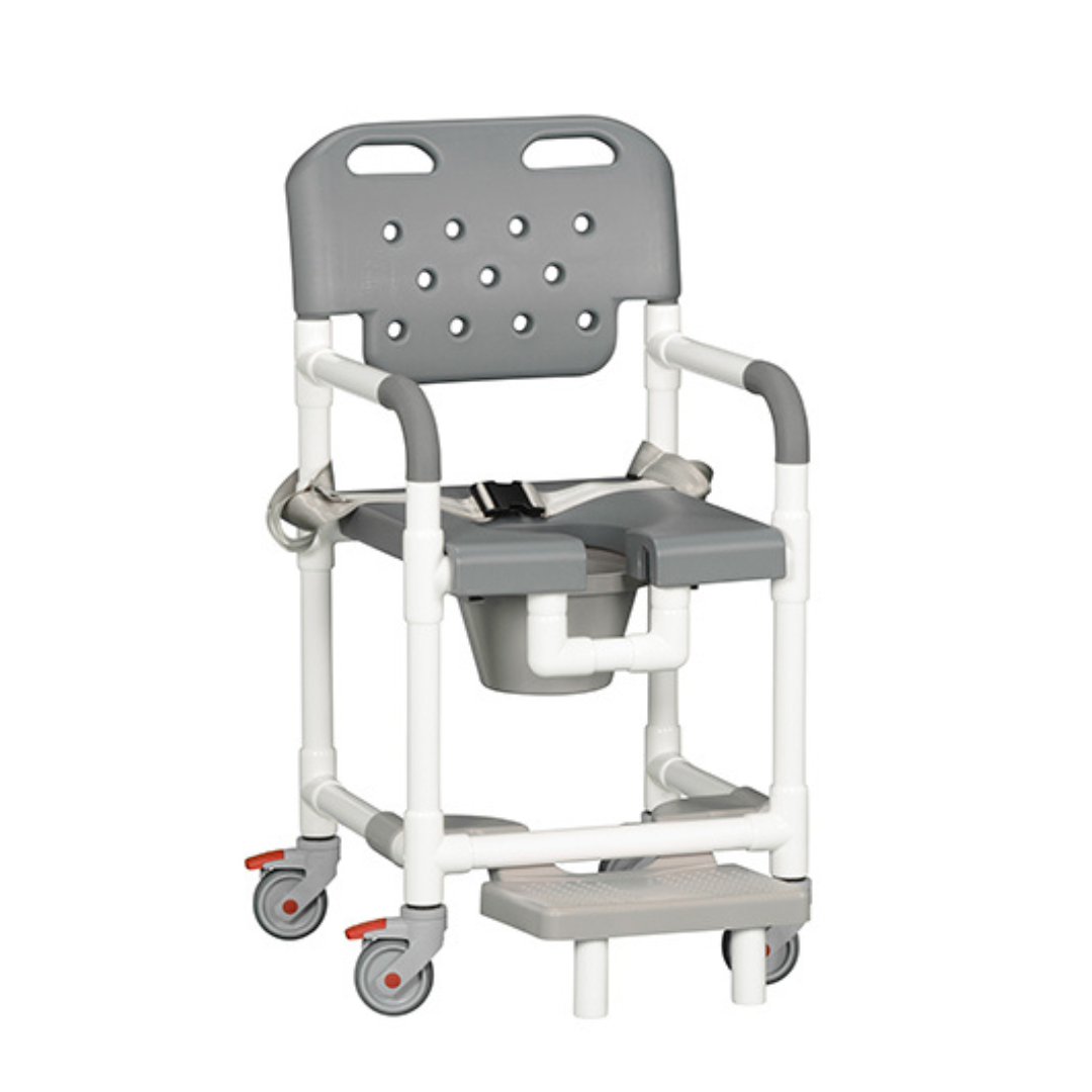 The IPU Platinum PVC Rolling Shower Chair Commode w/ Footrests is a gray and white chair with wheels, armrests, seat belt, open-front seat for hygiene, detachable bucket under the seat, and a small footrest for mobility support.