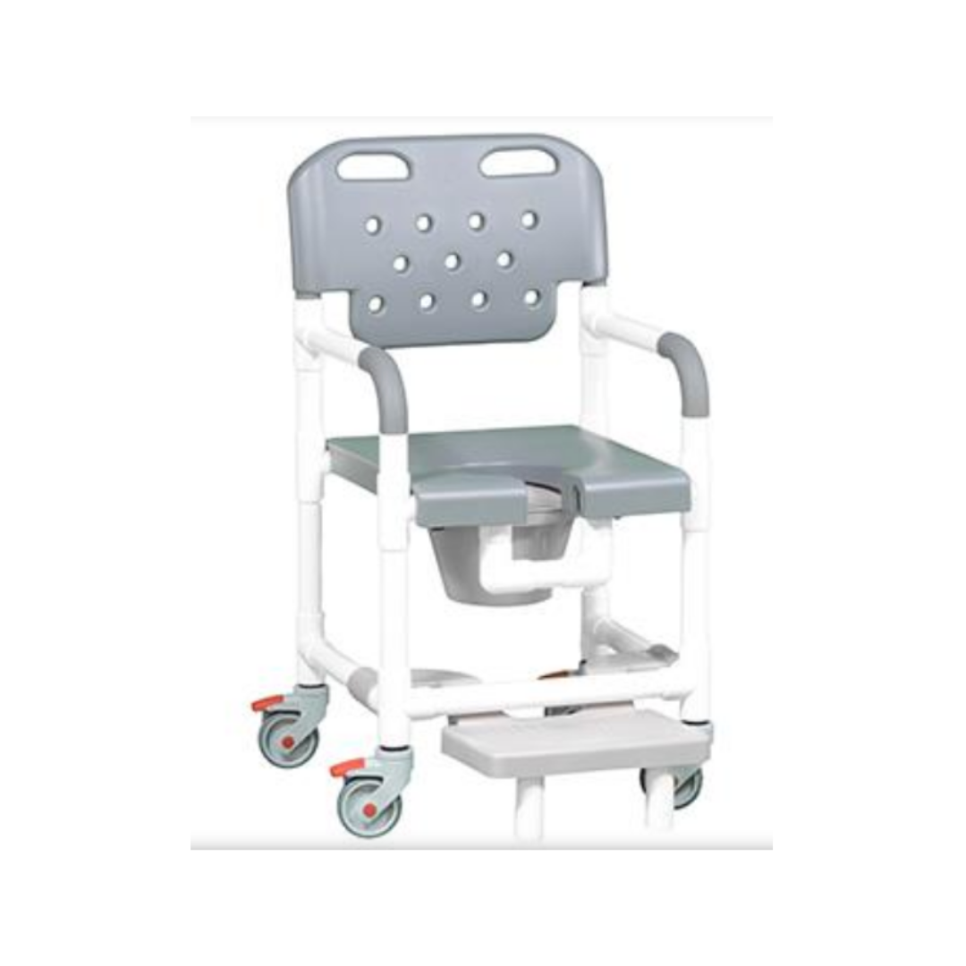 The IPU Platinum PVC Rolling Shower Chair Commode w/ Footrests is a gray and white chair with a backrest, armrests, wheels, footrests, removable bucket, and an open-front design for improved comfort and accessibility.