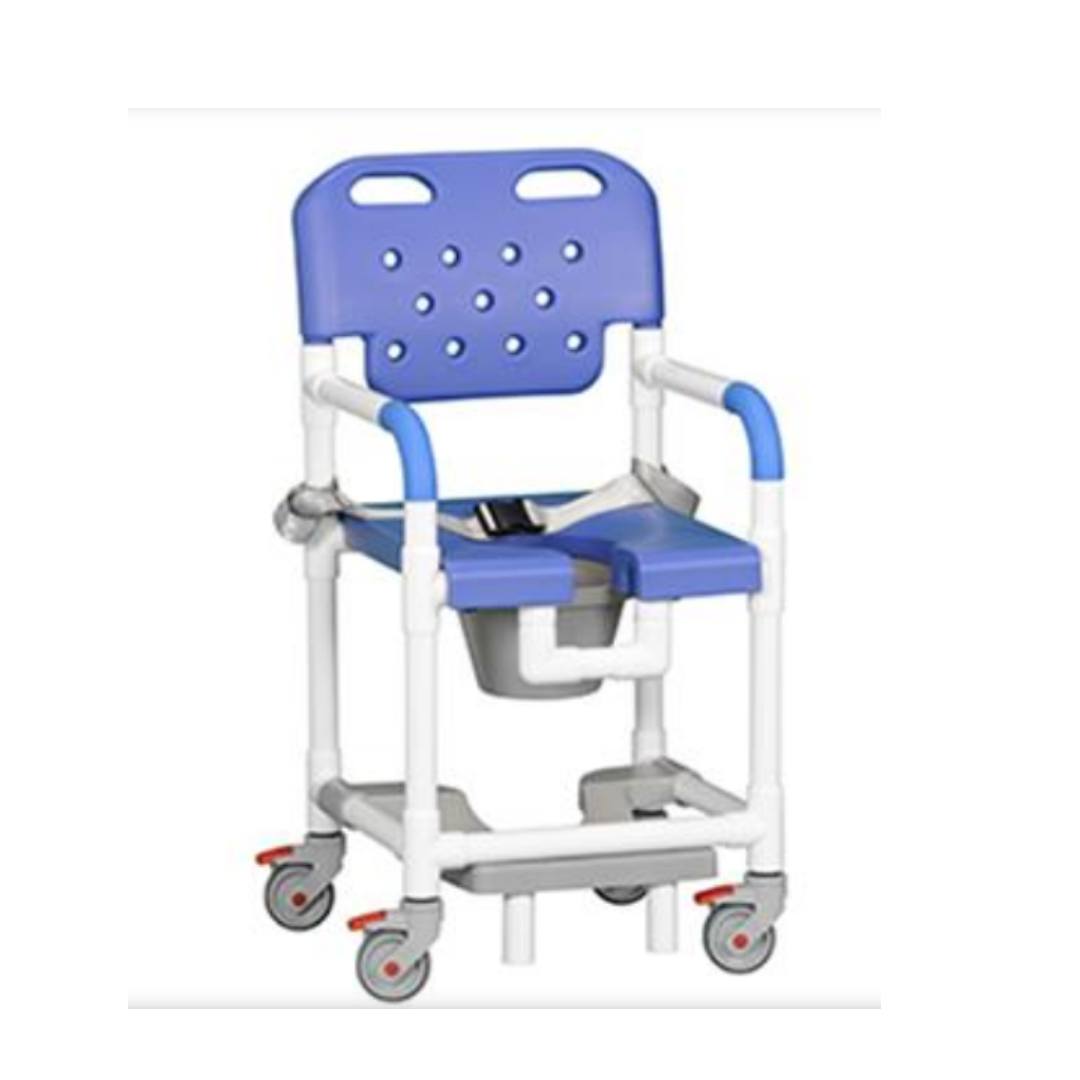 The IPU Platinum PVC Rolling Shower Chair Commode w/ Footrests is a blue and white heavy-duty chair with armrests, backrest, seatbelt, open-front seat for hygiene, removable commode bucket, and four locking wheels.