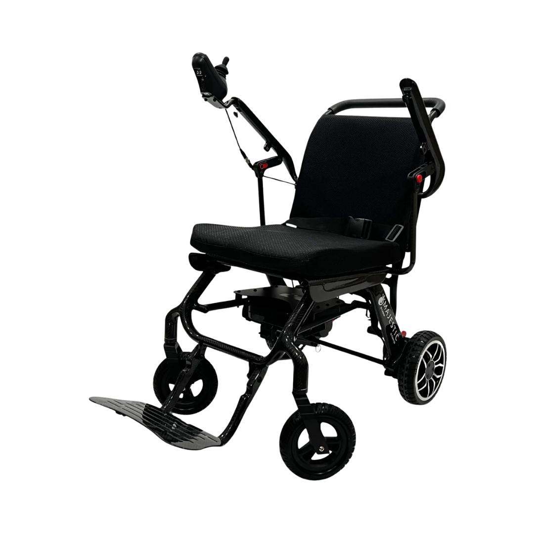 The ComfyGo IQ-Carbon Lightweight Carbon Fiber Electric Wheelchair, shown on a white background, features a black frame, right armrest joystick, cushioned seat, foldable footrest, and sturdy wheels.