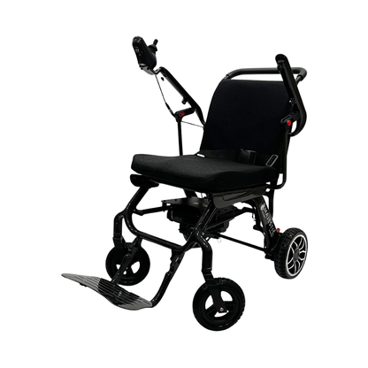 The ComfyGo IQ-Carbon Lightweight Carbon Fiber Electric Wheelchair, shown on a white background, features a black frame, right armrest joystick, cushioned seat, foldable footrest, and sturdy wheels.