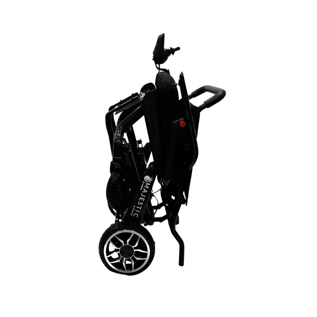 A ComfyGo IQ-Carbon Lightweight Carbon Fiber Electric Wheelchair, black, foldable and compact with visible wheels and extended handlebars, is shown upright on a white background.