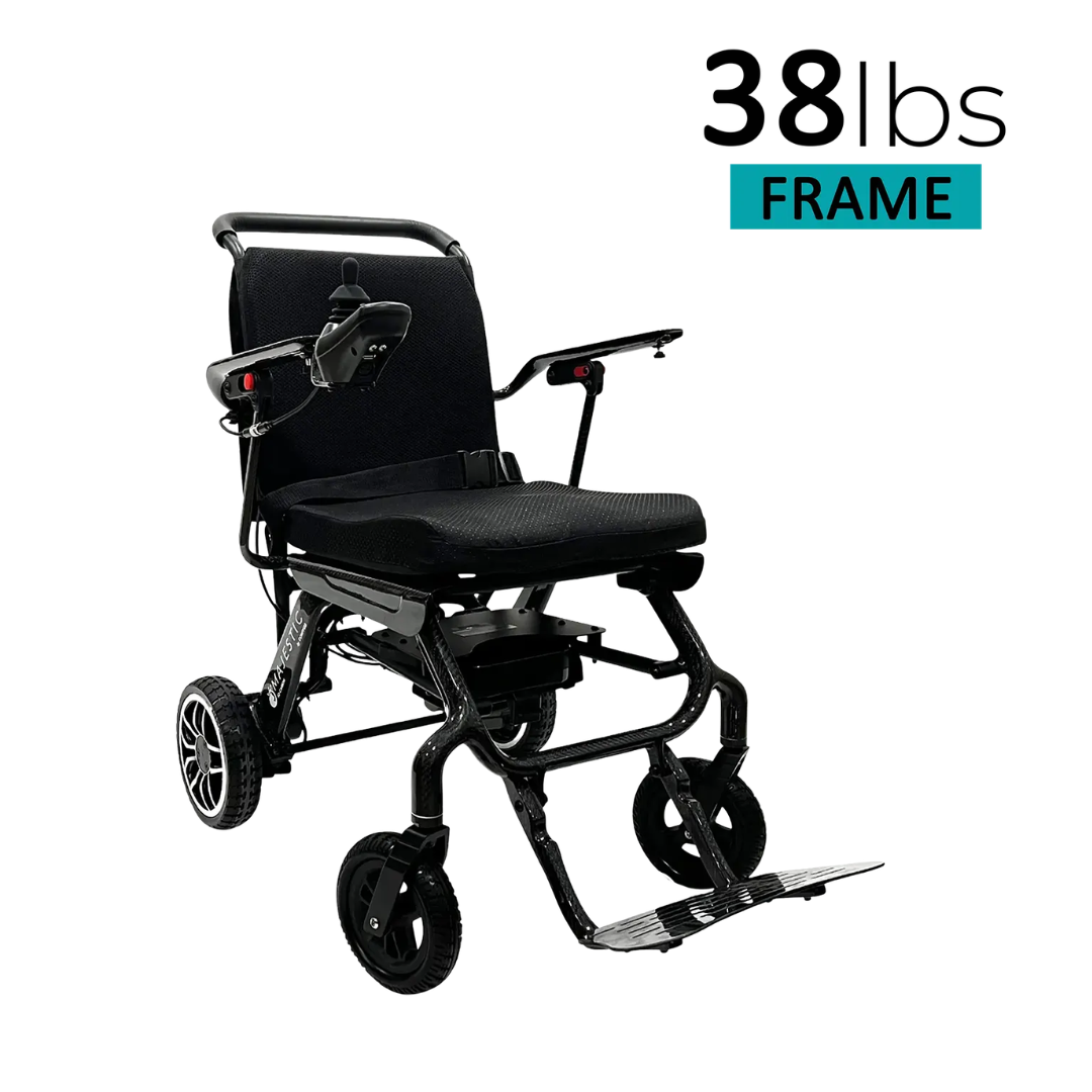 The ComfyGo IQ-Carbon Lightweight Carbon Fiber Electric Wheelchair features joystick control on the armrest, footrest, sturdy wheels, and a 38 lbs FRAME. Text appears in black and blue.