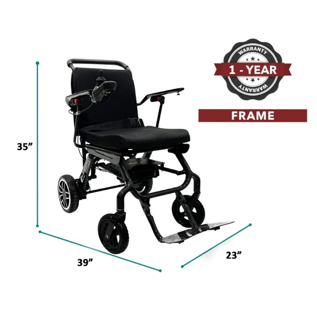 A black ComfyGo IQ-Carbon Lightweight Carbon Fiber Electric Wheelchair with armrests and footrest is shown, measuring 35" high, 39" long, and 23" wide. A badge on the right reads “1-Year Frame Warranty.”.