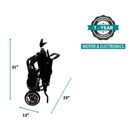 A folded ComfyGo IQ-Carbon Lightweight Carbon Fiber Electric Wheelchair measures 31" tall, 23" long, and 13" wide. A badge on the right displays: 1-Year Warranty Motor & Electronics.