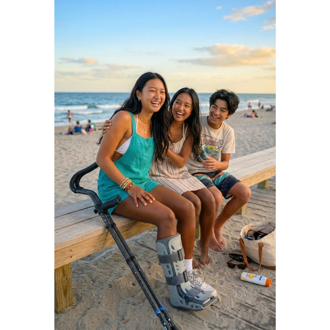Three smiling teens sit on a beach bench. One girl uses a Millennial Medical In-Motion Pro Underarm Folding Crutch, with her medical boot nearby. The group looks happy by the ocean, with a tote bag and sunscreen close at hand.