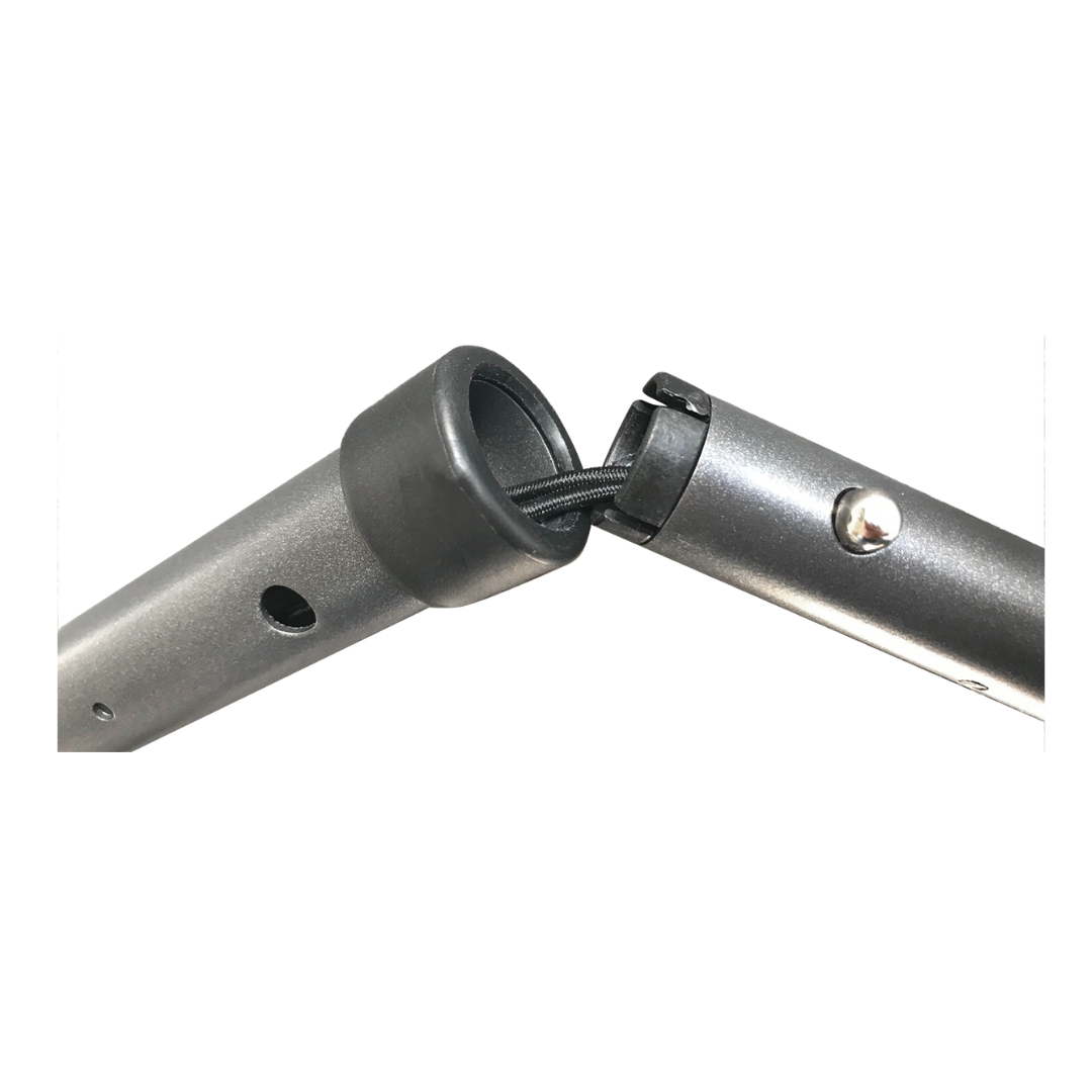 Two metal pole sections with a black elastic cord, featuring a plastic collar and push button, are designed for ergonomic assembly as part of the Millennial Medical In-Motion Pro Underarm Folding Crutch Set.