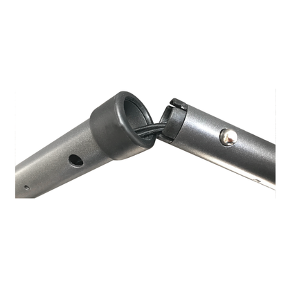 Two metal pole sections with a black elastic cord, featuring a plastic collar and push button, are designed for ergonomic assembly as part of the Millennial Medical In-Motion Pro Underarm Folding Crutch Set.
