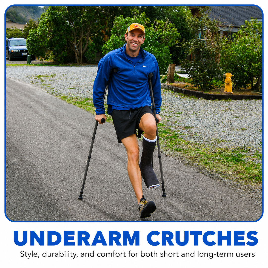 A smiling man with a leg cast walks outdoors using the Millennial Medical In-Motion Pro Underarm Folding Crutch Set. He wears a blue jacket, black shorts, and a yellow cap. Text below reads: Style, durability, and comfort for every user.