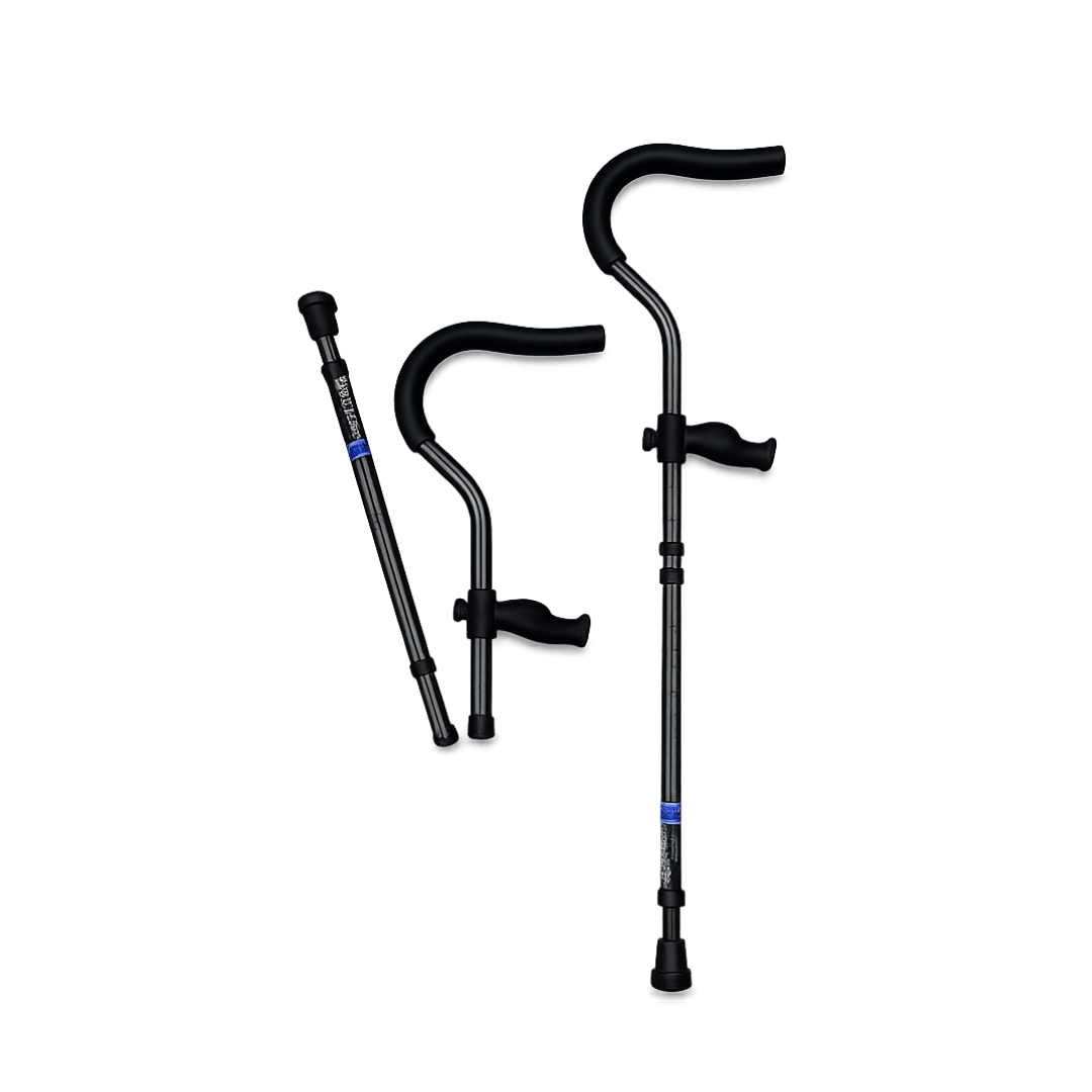 Three black Millennial Medical In-Motion Pro Underarm Folding Crutch Sets are shown: one fully extended, one partially collapsed, and one folded for portability—all with ergonomic handles and rubber tips for stability.