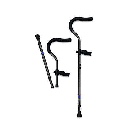 Three black Millennial Medical In-Motion Pro Underarm Folding Crutch Sets are shown: one fully extended, one partially collapsed, and one folded for portability—all with ergonomic handles and rubber tips for stability.