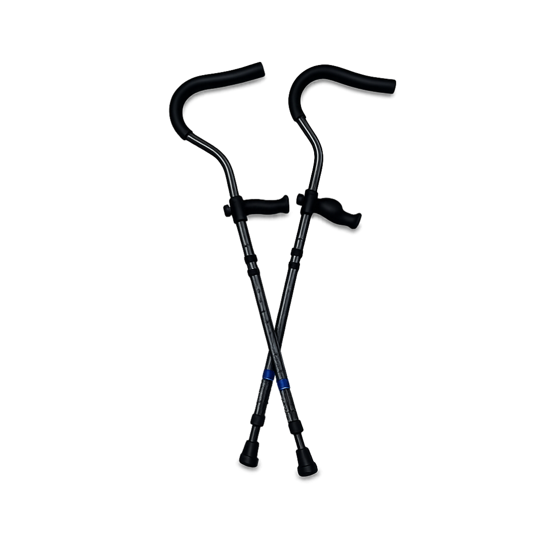 The Millennial Medical In-Motion Pro Underarm Folding Crutch Set in black, featuring ergonomic handles and rubber tips, is shown crossed against a white background.