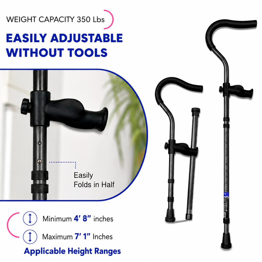 The Millennial Medical In-Motion Pro Underarm Folding Crutch Set features ergonomic handles, supports up to 350 lbs, adjusts from 48" to 71" without tools, folds easily, and includes a secure locking mechanism for safety.