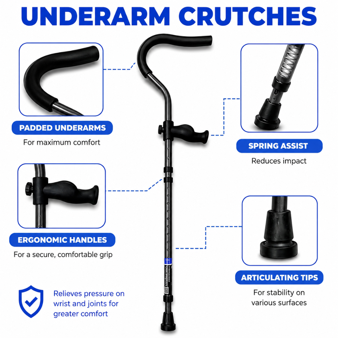 Image highlighting the Millennial Medical In-Motion Pro Underarm Folding Crutch Set, featuring padded underarms, ergonomic handles, spring assist for impact reduction, articulating tips for stability, and wrist and joint pressure relief.