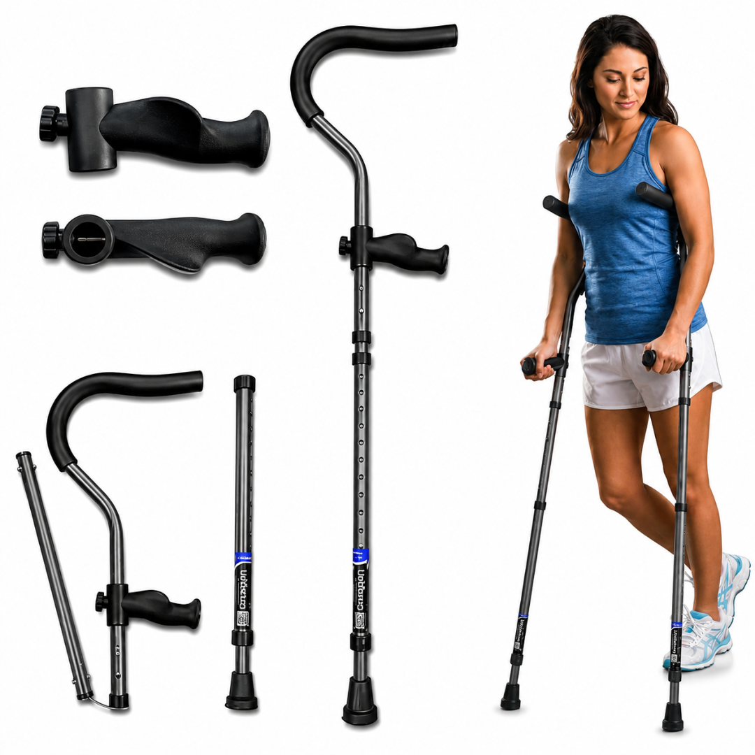 A woman uses the Millennial Medical In-Motion Pro Underarm Folding Crutch Set. The image features close-ups of adjustable parts and black handles, as well as separate components of the ergonomic crutch.