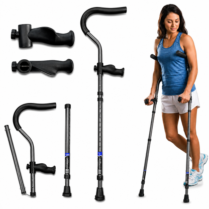 A woman uses the Millennial Medical In-Motion Pro Underarm Folding Crutch Set. The image features close-ups of adjustable parts and black handles, as well as separate components of the ergonomic crutch.