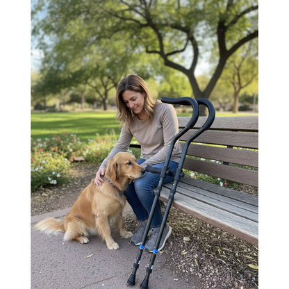 A woman sits on a park bench with her Millennial Medical In-Motion Pro Underarm Folding Crutch Set beside her, smiling as she pets a golden retriever at her feet amid trees and flowers in a serene park setting.