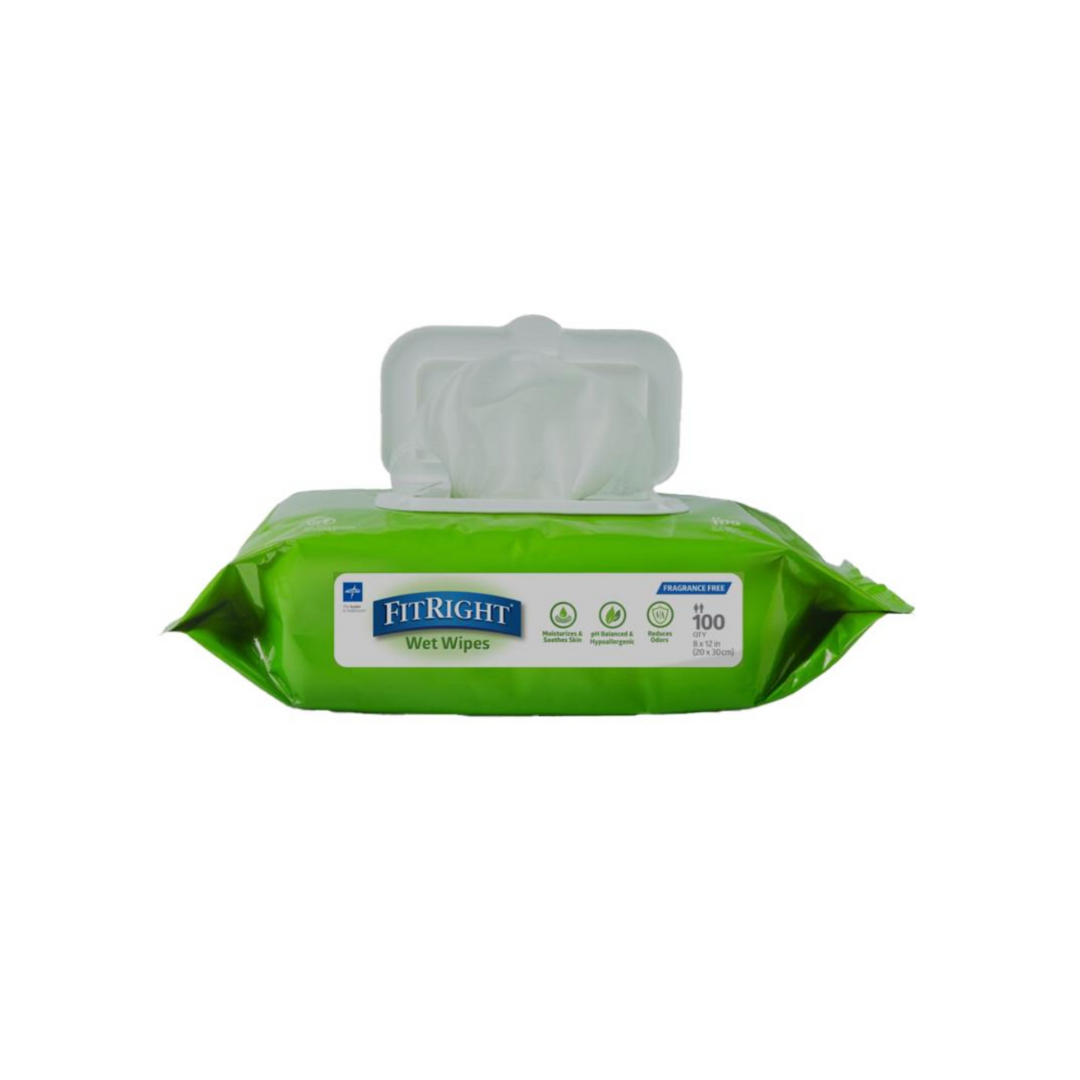 A pack of FitRight Aloe Fragrance-Free XL Personal Cleansing Wipes in a green and white package with a pop-up lid open, showing a wipe. The packaging displays "Wet Wipes" plus hypoallergenic and fragrance-free icons.