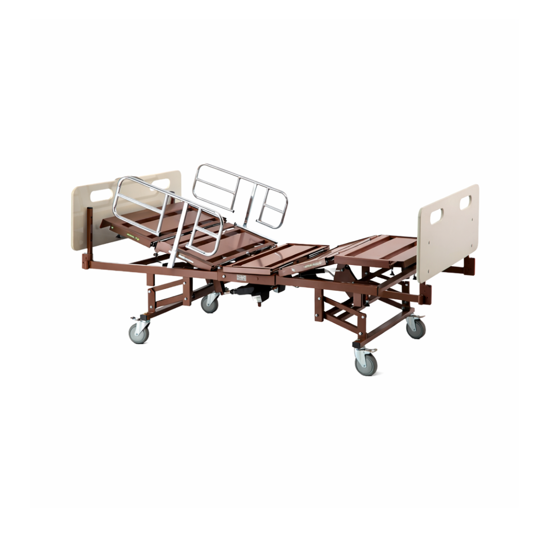 A brown Invacare Full-Electric BAR750 Bariatric Homecare & Hospital Bed with adjustable metal side rails, caster wheels, and beige head/footboards, shown with elevated head and knee sections.