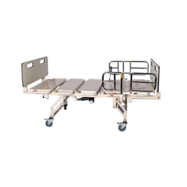 The Invacare Full-Electric BAR750 Bariatric Bed features wheels, foldable sections, adjustable rails on one side, and a plain surface—ideal for patient care and mobility in medical or homecare settings.