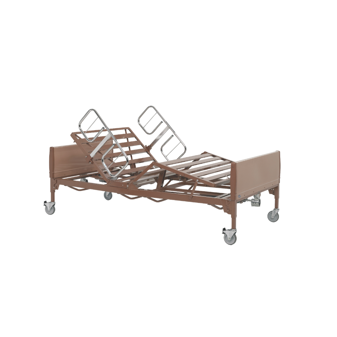 The Invacare Full-Electric BAR600 Bariatric Homecare & Hospital Bed in brown, featuring metal side rails and wheels, is shown with head and knees elevated against a white background.