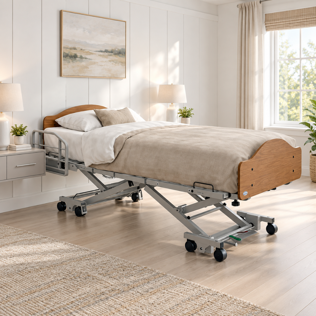 An Invacare CS600™ Adjustable Long Term Care Bed with expandable width is positioned in a bright, modern bedroom featuring white walls, wooden floors, neutral bedding, and sunlight streaming through a window.