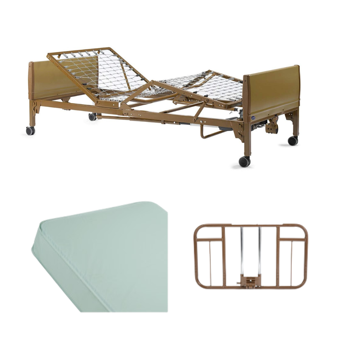 An Invacare Full-Electric Homecare & Hospital Bed with a brown metal frame and wheels is shown raised. Below are close-ups of a light green mattress and a detachable metal bed rail.