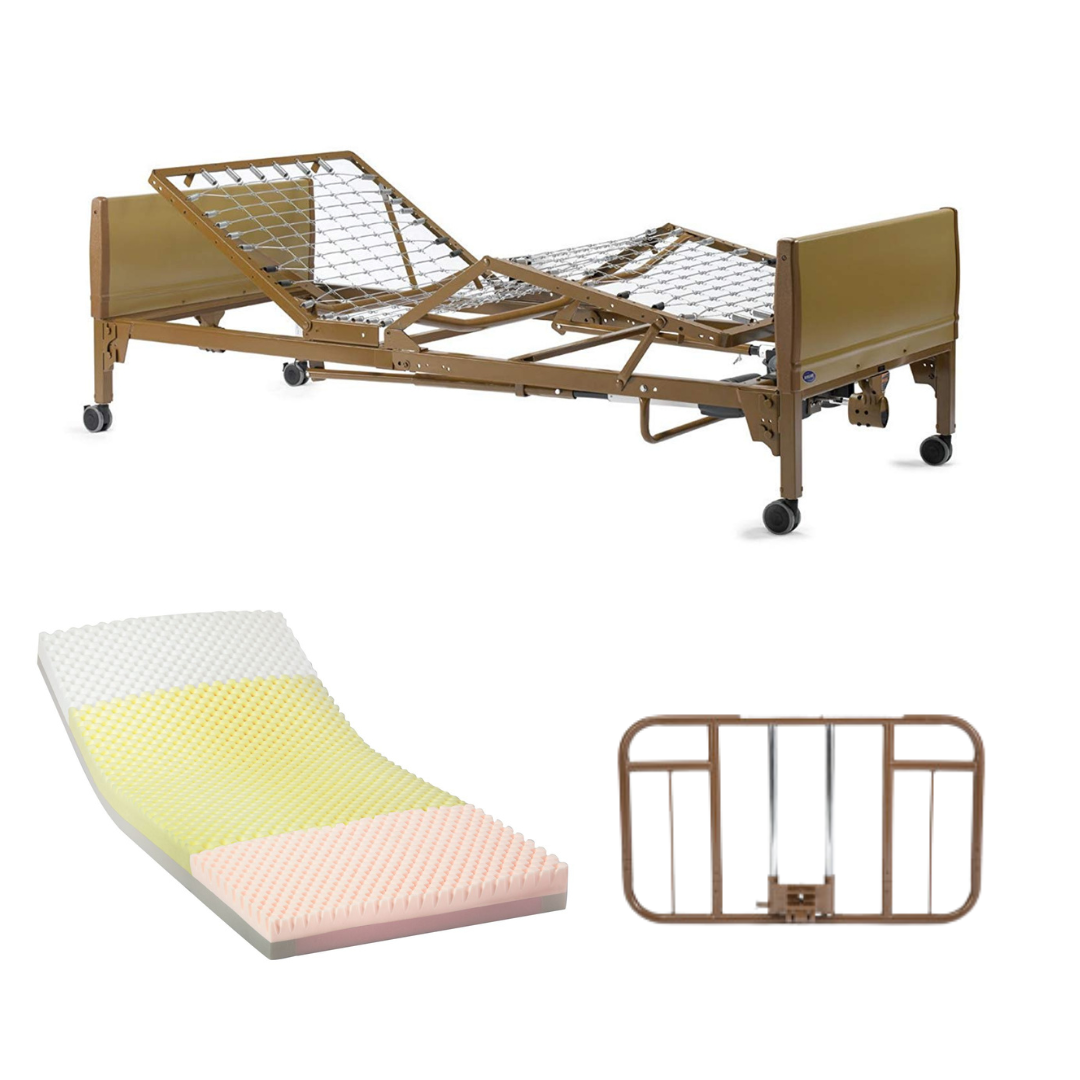 The Invacare Full-Electric Homecare & Hospital Bed features adjustable head and knee sections, a foam mattress, and a detachable metal side rail—perfect for home use or hospitals.