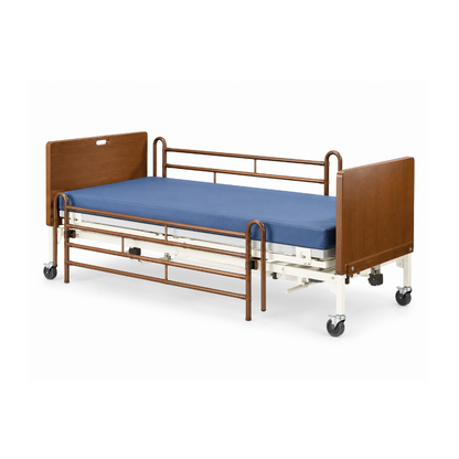 Invacare G-Series Bariatric Full Electric Hospital Bed G5510 with a blue mattress, wooden head and foot boards, and metal side rails on a wheeled frame.