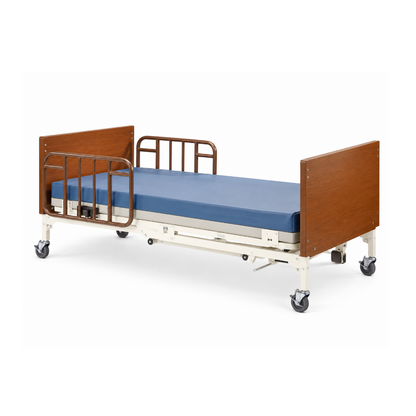 Invacare G-Series Bariatric Full Electric Hospital Bed G5510 with wood-grain head and foot boards, blue mattress, and brown metal side rails on locking wheels.