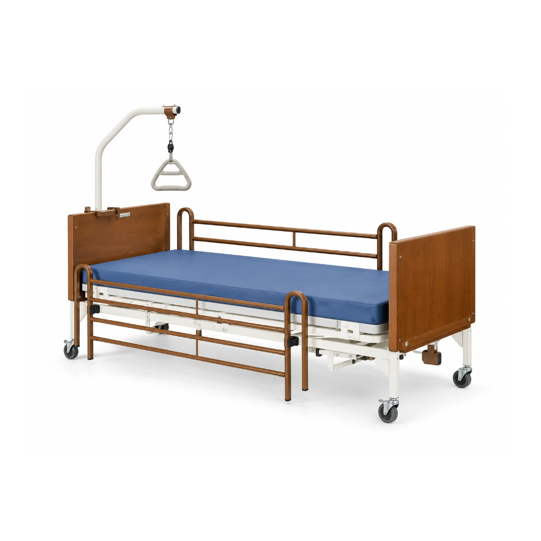 Invacare G-Series Bariatric Full Electric Hospital Bed G5510 with a blue mattress, brown side rails, wood-tone headboard and footboard, and an overhead trapeze bar.