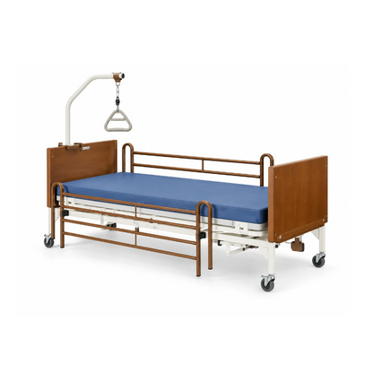 Invacare G-Series Bariatric Full Electric Hospital Bed G5510 with a blue mattress, brown side rails, wood-tone headboard and footboard, and an overhead trapeze bar.