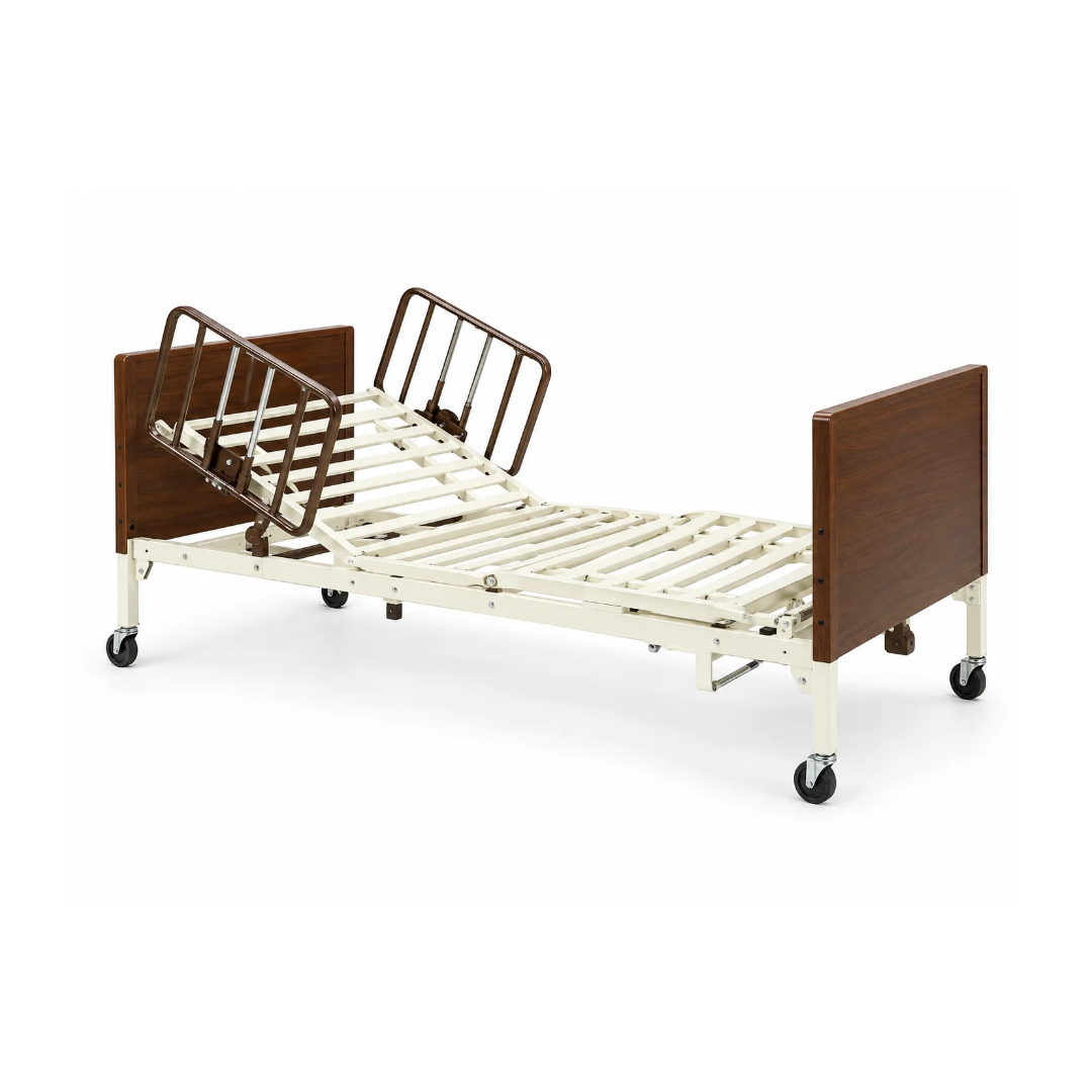 Invacare G-Series Bariatric Full Electric Hospital Bed G5510 featuring adjustable metal side rails, wood-grain head and foot boards, and a metal slat frame on locking wheels.