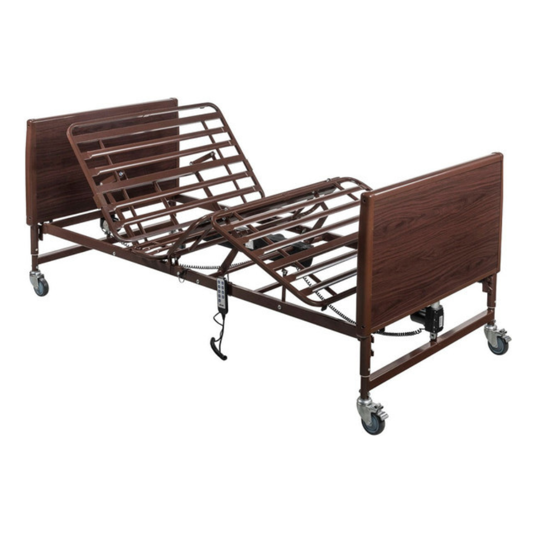 An Invacare Full-Electric BAR600 Bariatric Homecare & Hospital Bed in brown with metal rails, caster wheels, and a remote control is shown without a mattress. The head and foot sections are raised for adjustable comfort.