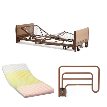 Shown separately on a white background are an adjustable frame, segmented foam mattress, and brown metal bed rail from the Invacare Full-Electric Low Homecare & Hospital Beds.