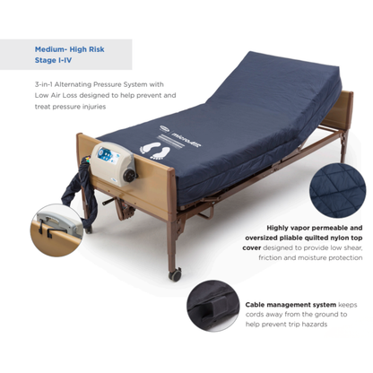 Hospital bed with Invacare microAIR® MA600 3-in-1 Alternating Pressure LAL Mattress System, featuring a quilted nylon top cover, control unit, and cable management to reduce trip hazards in this therapeutic mattress setup.