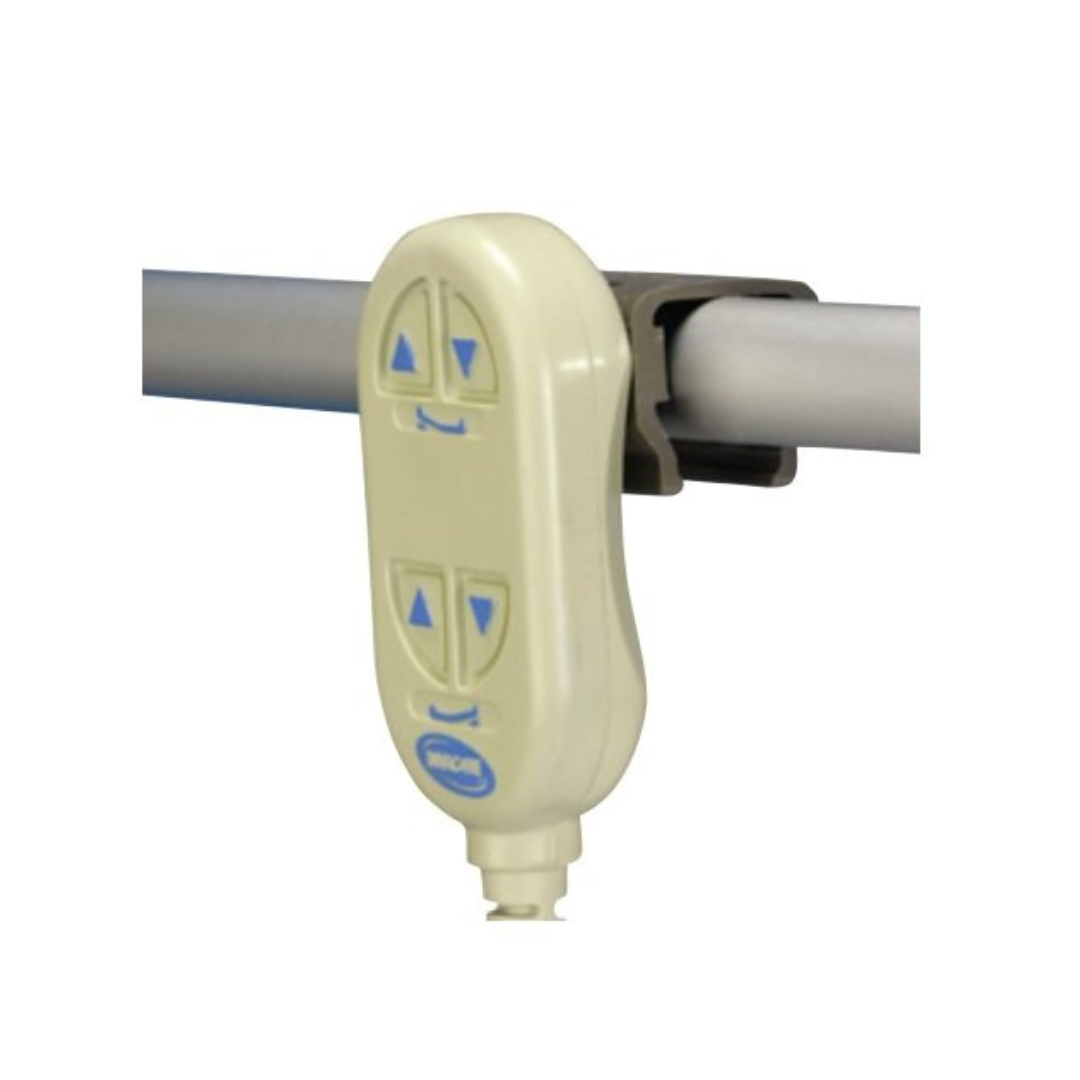 A beige handheld remote with four blue arrow buttons is clipped to the horizontal metal bar of an Invacare Semi-Electric Homecare & Hospital Bed using a dark clip.