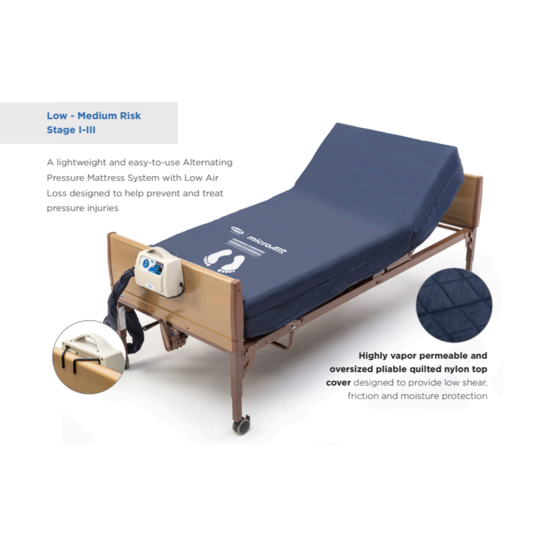 The Invacare microAIR® MA500 Alternating Pressure Low Air Loss Mattress System features a blue alternating pressure mattress and a vapor-permeable, quilted nylon cover for advanced comfort and pressure injury prevention.