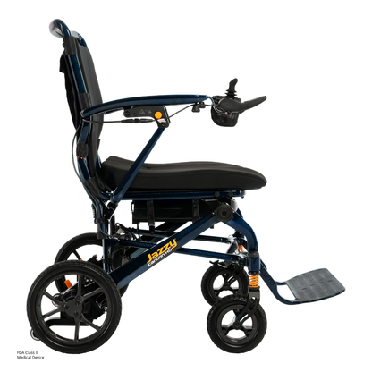 A side view of the Pride Jazzy Carbon HD Bariatric Portable Powerchair in blue, featuring a black seat, armrests, joystick controller, footrest, four wheels, and the word "Jazzy" on the frame near the rear wheels.