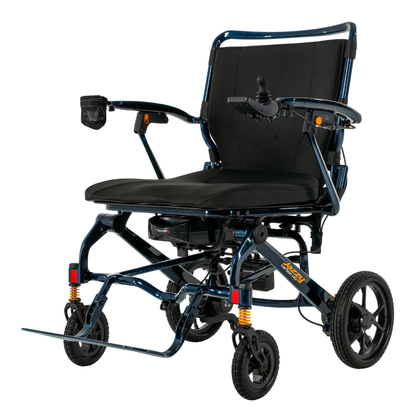 The Pride Jazzy Carbon HD Bariatric Portable Powerchair is a lightweight electric wheelchair with right-arm joystick, black seat and backrest, four wheels, and a mesh cup holder on the left—perfect travel power chair for convenient mobility.