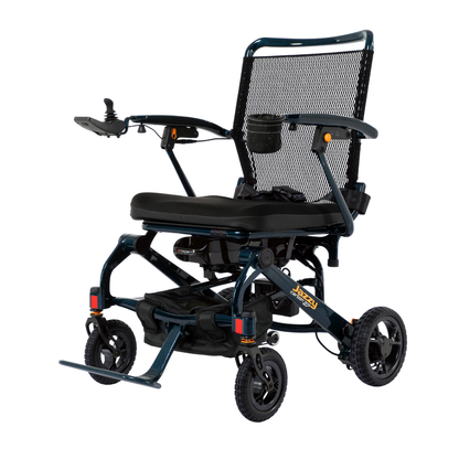 The Jazzy® Carbon 27 Ultralite Portable Power Wheelchair features a modern, ultra-lightweight design with a mesh backrest, black cushioned seat, right-side joystick control, armrests, and four small all-terrain wheels.