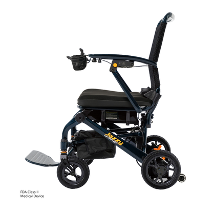 The Jazzy® Carbon 27 Ultralite Portable Power Wheelchair features a lightweight, foldable carbon fiber frame in black, cushioned seat, armrests, footrest, under-seat storage bag, and a right armrest cup holder for convenience.
