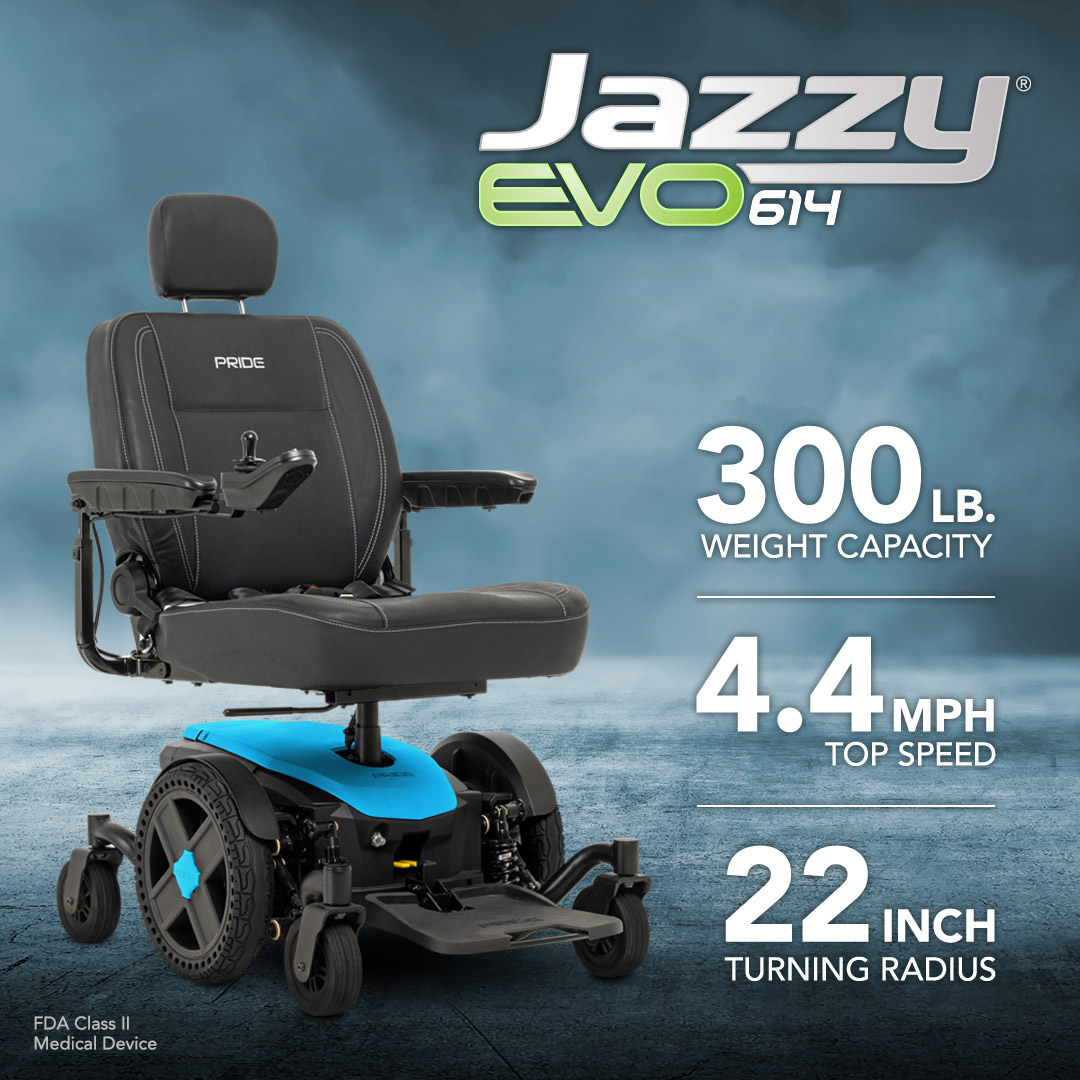 A Pride Mobility Jazzy® EVO 614 HD Bariatric Powerchair with ATX Suspension is shown, featuring heavy-duty mobility, 300 lb. capacity, 4.4 mph top speed, 22-inch turning radius, and FDA Class II Medical Device indicated below.