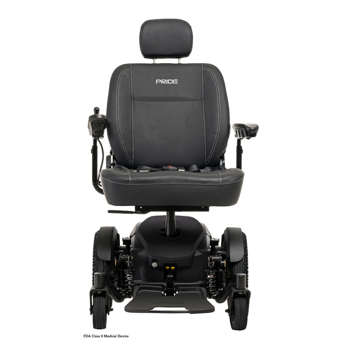 A front view of the Pride Mobility Jazzy® EVO 614 HD Bariatric Powerchair with ATX Suspension shows its black padded seat, armrests, headrest, left-arm joystick, sturdy wheels, and PRIDE printed on the seat back for heavy-duty mobility.