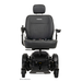 A front view of the Pride Mobility Jazzy® EVO 614 HD Bariatric Powerchair with ATX Suspension shows its black padded seat, armrests, headrest, left-arm joystick, sturdy wheels, and PRIDE printed on the seat back for heavy-duty mobility.