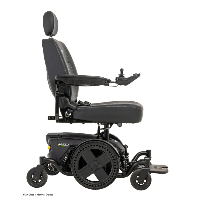 The Pride Mobility Jazzy® EVO 614 HD Bariatric Powerchair with ATX Suspension is a black, heavy-duty power wheelchair featuring a padded seat, backrest, headrest, armrests, right-arm joystick control, and four wheels for reliable mobility.