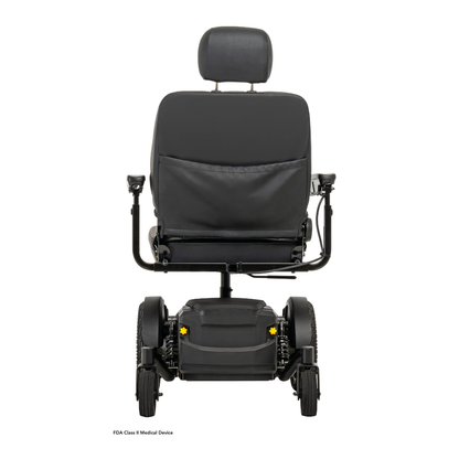 A black Pride Mobility Jazzy® EVO 614 HD Bariatric Powerchair with ATX Suspension is shown from the back, highlighting the seat, headrest, and heavy-duty rear wheels against a plain white background.